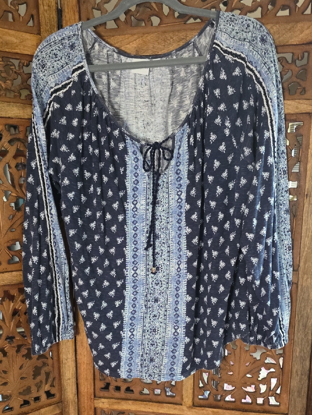 new directions Navy and Light Blue Printed Peasant Tunic with Tie